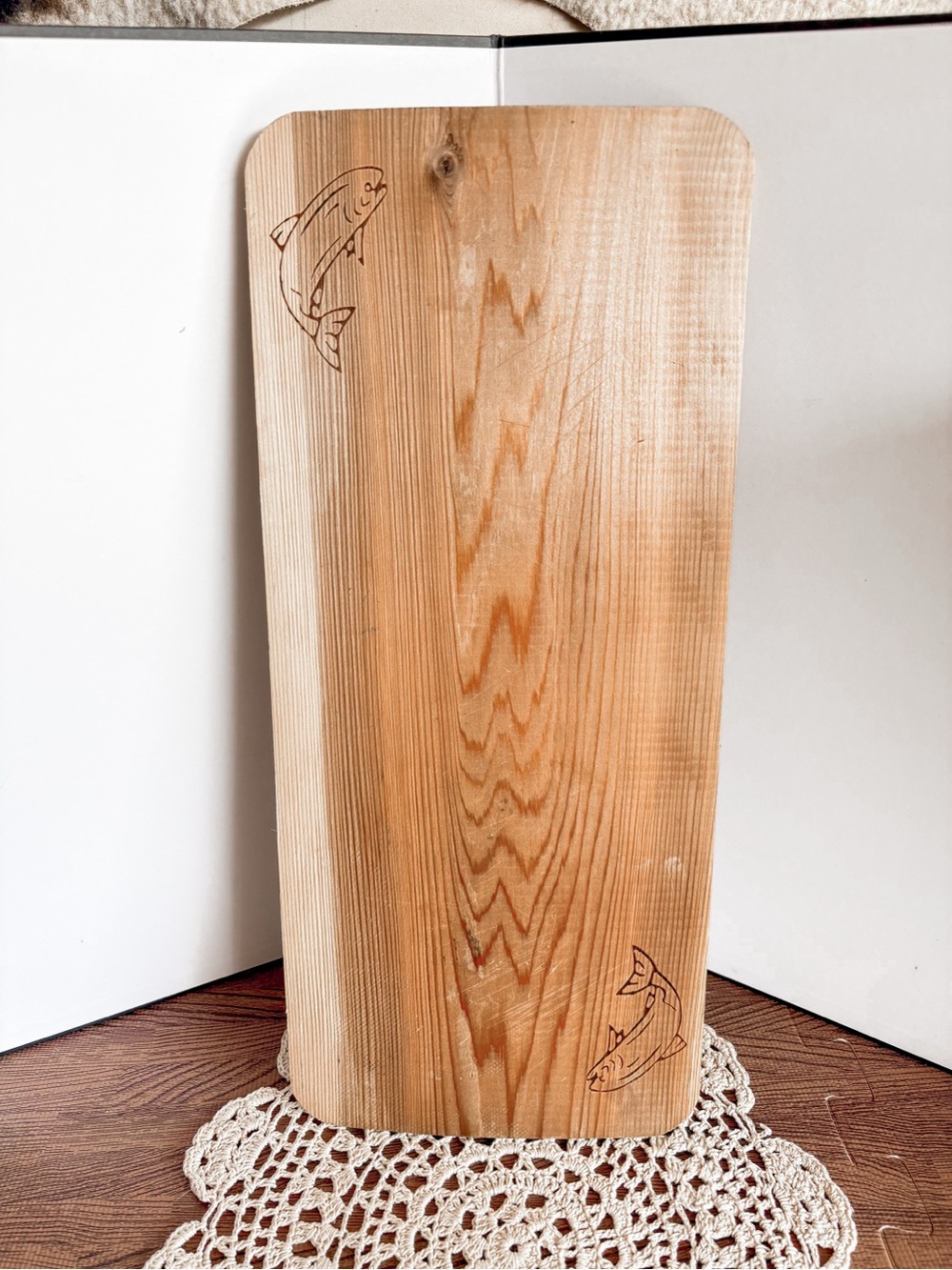 Hand Crafted Natural Wood Serving Board with Fish Engravings